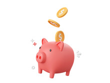 3d Cartoon Design Illustration Of Piggy Bank With Dollar Coins, Money Savings Concept.