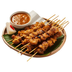 Indonesian chicken satay with delicious peanut sauce on the plate