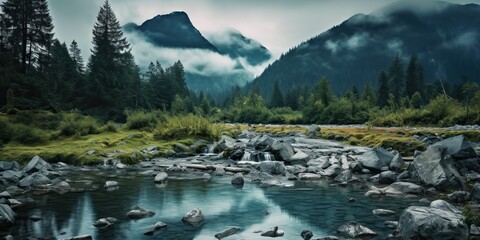 AI Generated. AI Generative. Photo illustration of wild nature outdoor mountain waterfall landscape on rain green day. Graphic Art