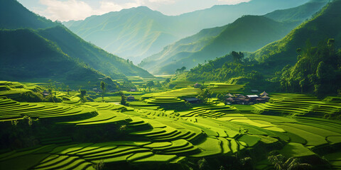 terraced rice field in harvest season, fictional landscape made with generative ai