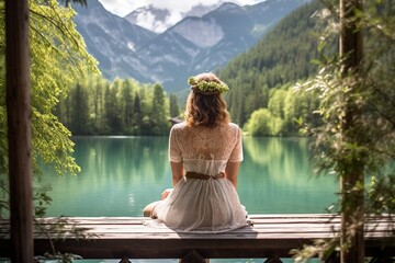 Poster - Back view of a tranquil scene featuring a young woman seated on a wooden deck, gazing at a pristine lake embraced by lush mountains.