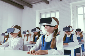 School kids group wearing virtual reality glasses in classroom. .Elementary school age children sitting with VR modern technologies during lesson. Concept of futuristic education. Generative AI.