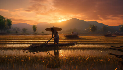 Traditional farmer chinese working in a rice paddy at sunset. Illustration AI