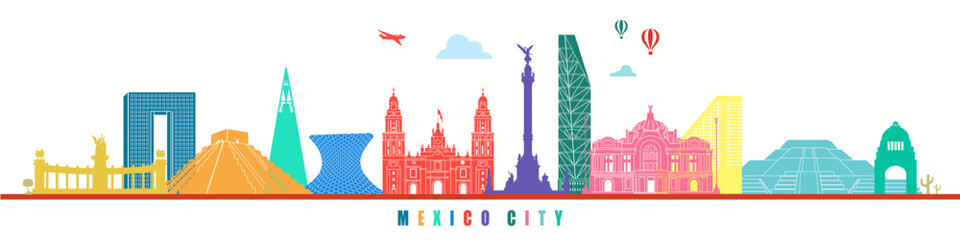 Wall Mural - Mexico City historical monuments and famous places travel destination flat vector illustration