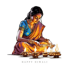 Wall Mural - Indian lady lighting lamps for Diwali festival, vector illustration for Diwali