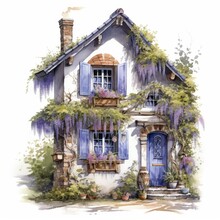 Old Beautiful House With Violet Flowers Isolated On White, In The Style Of Watercolor Art, Ai Tools Generated Image