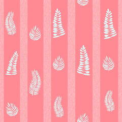 Wall Mural - Pink stripes with branches and leaves seamless pink pattern