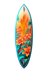 Isolated colorful surfboard with hawaiian motifs on cutout PNG transparent background. Generative AI