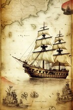 Old Vintage Nautical Treasure Map Background Generative AI