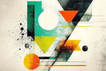 Abstract grainy circles, triangles, and different geometric shape background composition in retro vintage style. Generative AI
