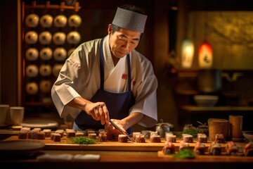 Master making a sushi roll with nori, rice, cucumber and omelet using bamboo mat. Closeup view of process. ai generated