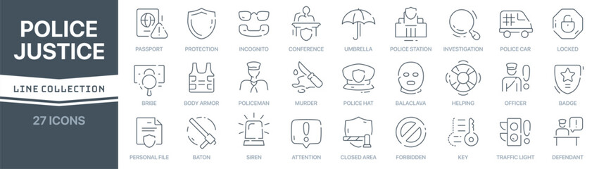 Poster - Police and justice linear signed icon collection. Signed thin line icons collection. Set of police and justice simple outline icons