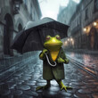 Rainy weather green frog with umbrella. Generative AI