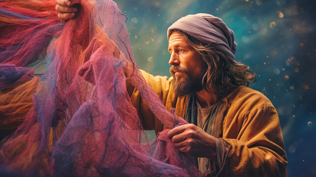Colorful painting art portrait of the apostle Peter cleaning his fishing net. Christian illustration. Generative AI.