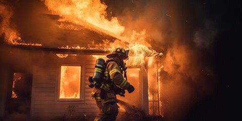 Canvas Print - A firefighter in front of a house on fire. Generative AI image.