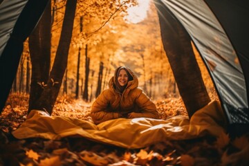 Poster - A woman sitting in a tent in the woods. Generative AI image.