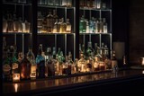 Fototapeta Paryż - Bar interior at night. Alcohol bottles and drink glasses on wall shelves and bar bench, Generative AI