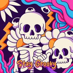 Wall Mural - groovy skeleton with 90s background illustration