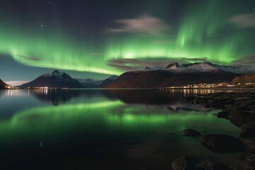 Wall Mural - Aurora Borealis reflected between two fjords. Generative ai