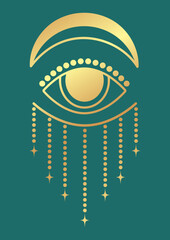 Golden style mystic eye printed illustration poster. Tarot card