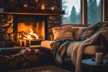A Cozy Living Room With A Fire Place. Generative AI Image.