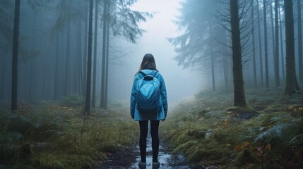 Poster - A woman in a blue jacket is walking through a foggy forest. Generative AI image.