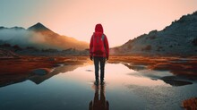 A Person In A Red Jacket Standing In Front Of A Body Of Water. Generative AI Image.