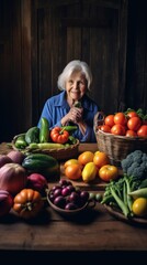 Canvas Print - A woman sitting in front of a table full of fruits and vegetables. Generative AI image.