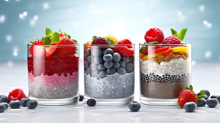 Set of chia pudding desserts topped with berrie son light blue blurred background. Chia desserts with different tastes made of youghurt, chia seeds and fresh berries. Vegan menu concept. Generative AI