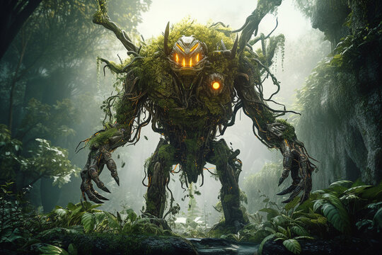 forest monster, robot dendromutant, created by a neural network, Generative AI technology