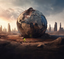 Planet Earth Made Of Building Materials, Destroyed By The Excess Of Business And Finance. Conceptual Illustration Of Global Warming And Resource Depletion - Generative AI