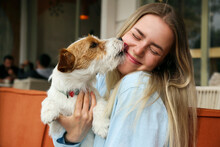 Wire Haired Jack Russell Terrier Licking A Cheek Of His Joyful Woman Outside Of The Coffee Shop. Young Woman And Her Dog Playing Outdoors. Copy Space, Background.