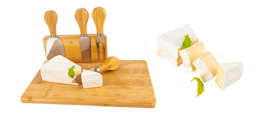 Wall Mural - camembert cheese on wooden board with basil leaf  isolated on transparent background png. Brie cheese triangular shape