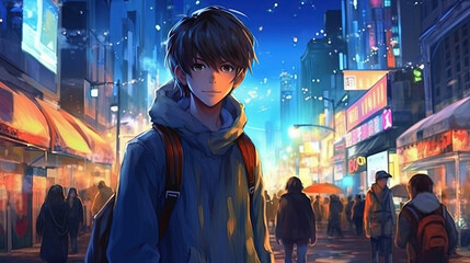 Wall Mural - Anime character boy with cityscape background