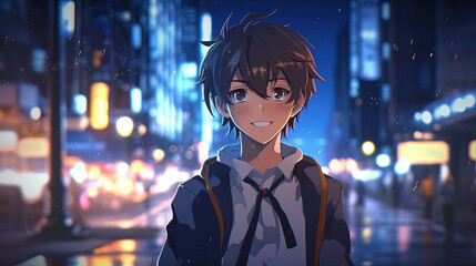 Wall Mural - Anime character boy with cityscape background