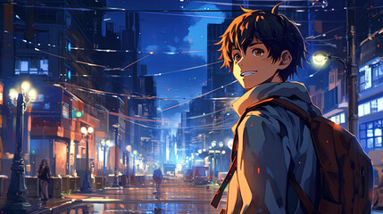 Anime character boy with cityscape background
