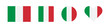 © Connect - Italy flag icon. Italian banner signs. National symbol. Italia heart shape symbols. Circle badge of Europe country icons. Flat color. Vector sign.