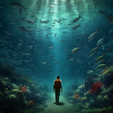Fototapeta Do akwarium - Man in the Depths of the Sea