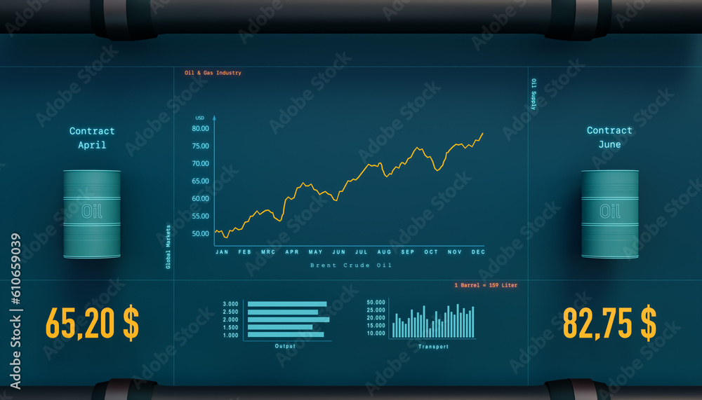 Rising crude oil price, chart and oil barrels. Commodity oil chart