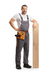 Poster - Craftsman posing with a wooden floor beam