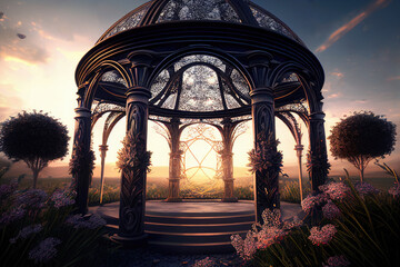 Wall Mural - A gazebo in pavilion structure in the evening garden. Generative AI.