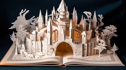 Poster - Book with a popup papercut art castle