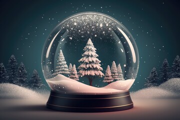 Wall Mural - christmas tree with snow in the crystal ball. generative ai.
