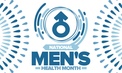 National Men's Health Month in June. Celebrated in United States. Educational program that teaches you how to work on your body. Healthy eating, exercise and disease prevention. Medical vector poster