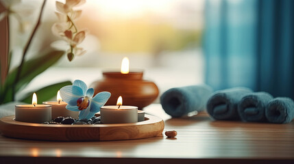 Calming spa composition on massage table in wellness center, serenity, peace, calm, stress-free