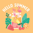 Hello Summer greeting card, invitation with lemonade drink in mason jar. Watermelon, oranges, cherry and lemon with tropical palm leaves and flowers. Vector illustration, web banner