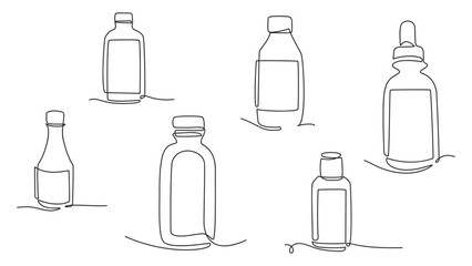 Continuous one single line drawing of bottles set with medicine. Vector illustration