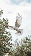 Poster - A white bird flying over a tree filled with fruit. Generative AI image.