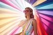 © Glittering Humanity - Beautiful blonde woman female girl model with futuristic hat posing on the beach with blue sky background. Summer time vacaion relax mode. LA pastel neon colorful lgbt 60s. Generated AI..