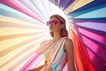 Beautiful blonde woman female girl model with futuristic hat posing on the beach with blue sky background. Summer time vacaion relax mode. LA pastel neon colorful lgbt 60s. Generated AI..